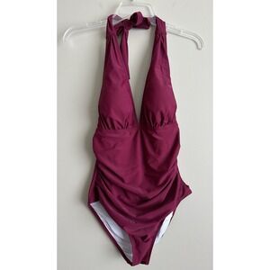 CUPSHE Women NWT VNeck Swimsuit Halter Backless Ruched Tummy Control; Size Large